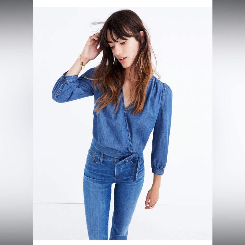 Madewell Long Sleeve Denim Tie Front Top